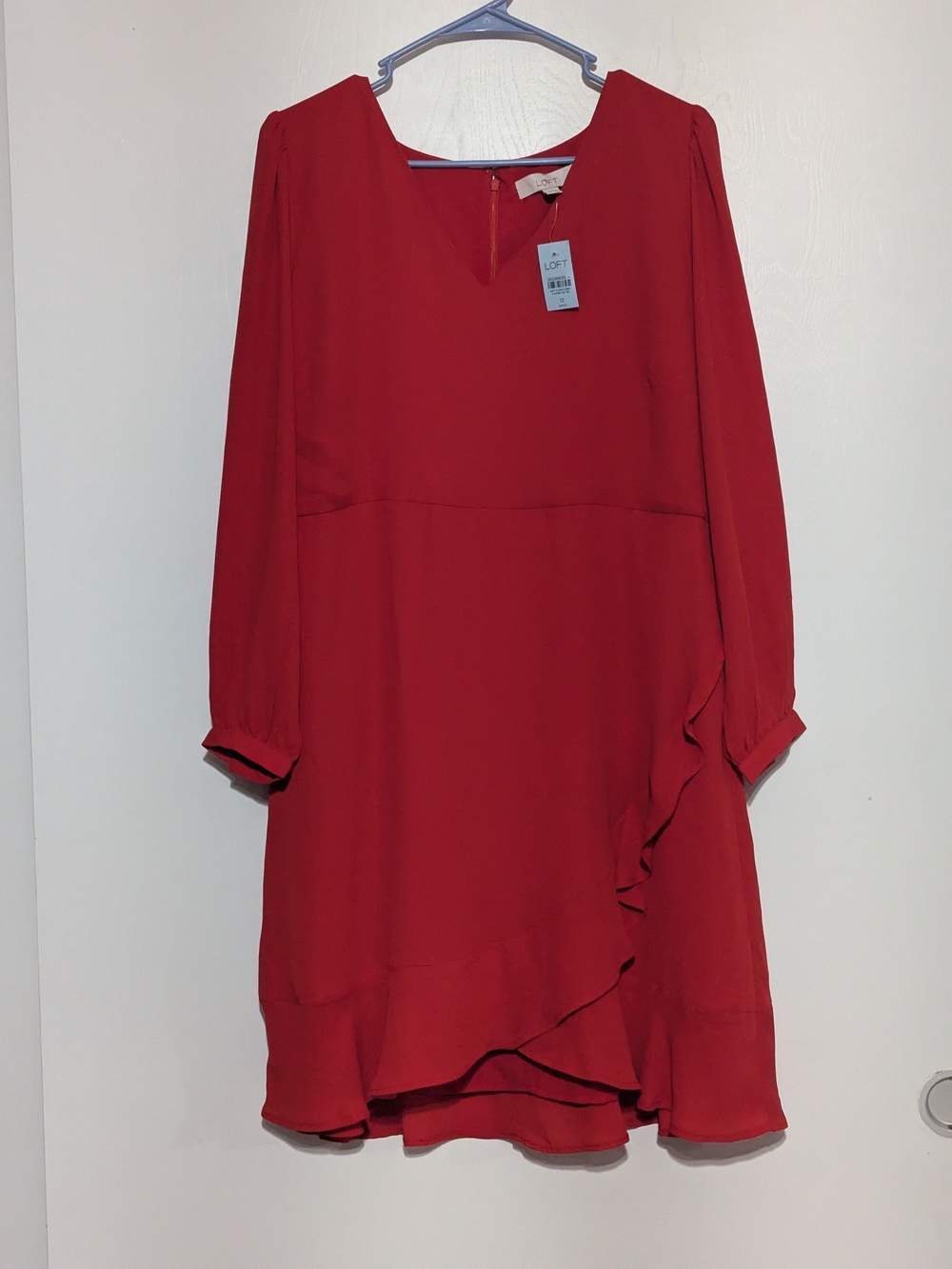 LOFT Crimson Red Long-Sleeve Ruffle-Hem Swing Dress